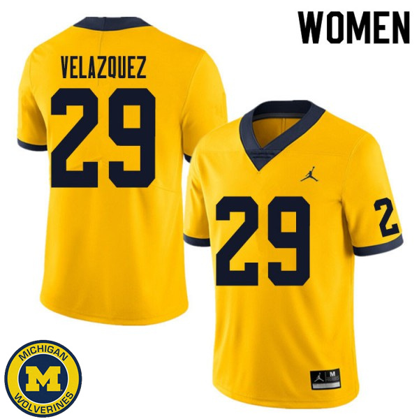 Womens University of Michigan #29 Joey Velazquez Yellow Football Jersey